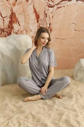 Önü Düğmeli Kol Ve Paçası Dantel Detaylı Soft Lux Kadın Pijama Takımı *bridal Set* NZ90811