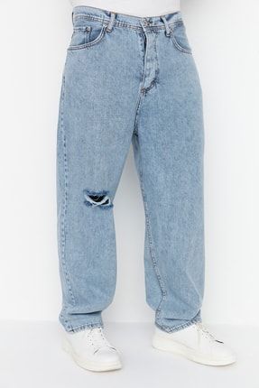 Açık Mavi Erkek Wide Leg Destroylu Jeans Kot Pantolon TMNSS22JE0230