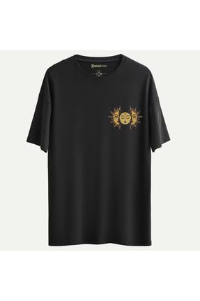 Sun And Moon Baskılı Oversize Siyah T-shirt 482562