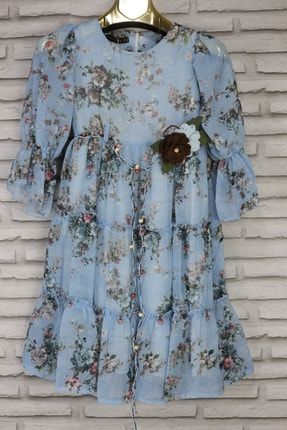 Kız Çocuk Açık Mavi Desenli Uzun Kollu Uzun Şifon Elbise DYG-02579