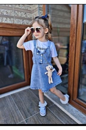 Kız Çocuk Beyaz Tişörtlü Ayıcıklı Mavi Kot Elbise 157brc328