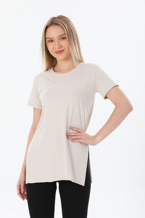 Taş Rengi Pamuklu Iki Yandan Yırtmaçlı Basic T-shirt K2001TSHRT