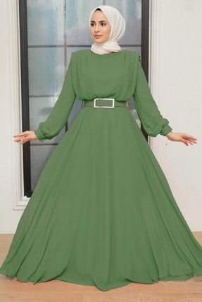 Tesettürlü Abiye Elbise - Tokalı Kemerli Haki Tesettür Saten Abiye Elbise 36050hk OZD-36050