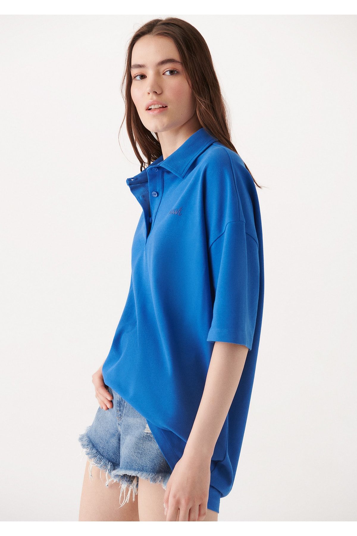 Mavi Printed Oversize Navy Blue Polo Neck T Shirt Oversize Wide