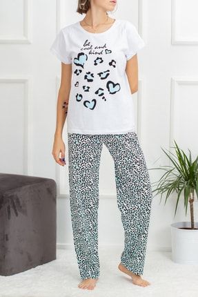 Kadın Beyaz Mavi Leopar Desenli Pamuklu Kısa Kollu Pijama Takımı HLS1064