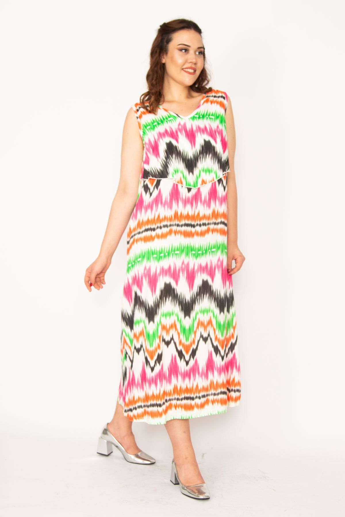Şans-Women's Large Size Green Woven Viscose Fabric Chest Flounce Dress 65n33247 2