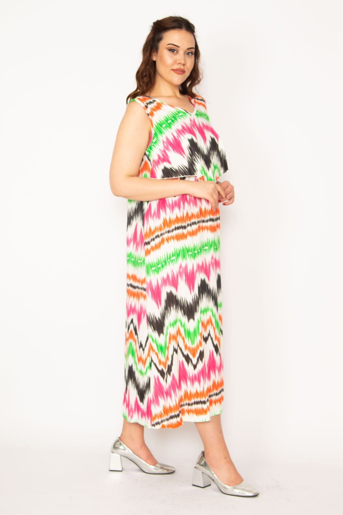 Şans-Women's Large Size Green Woven Viscose Fabric Chest Flounce Dress 65n33247 4