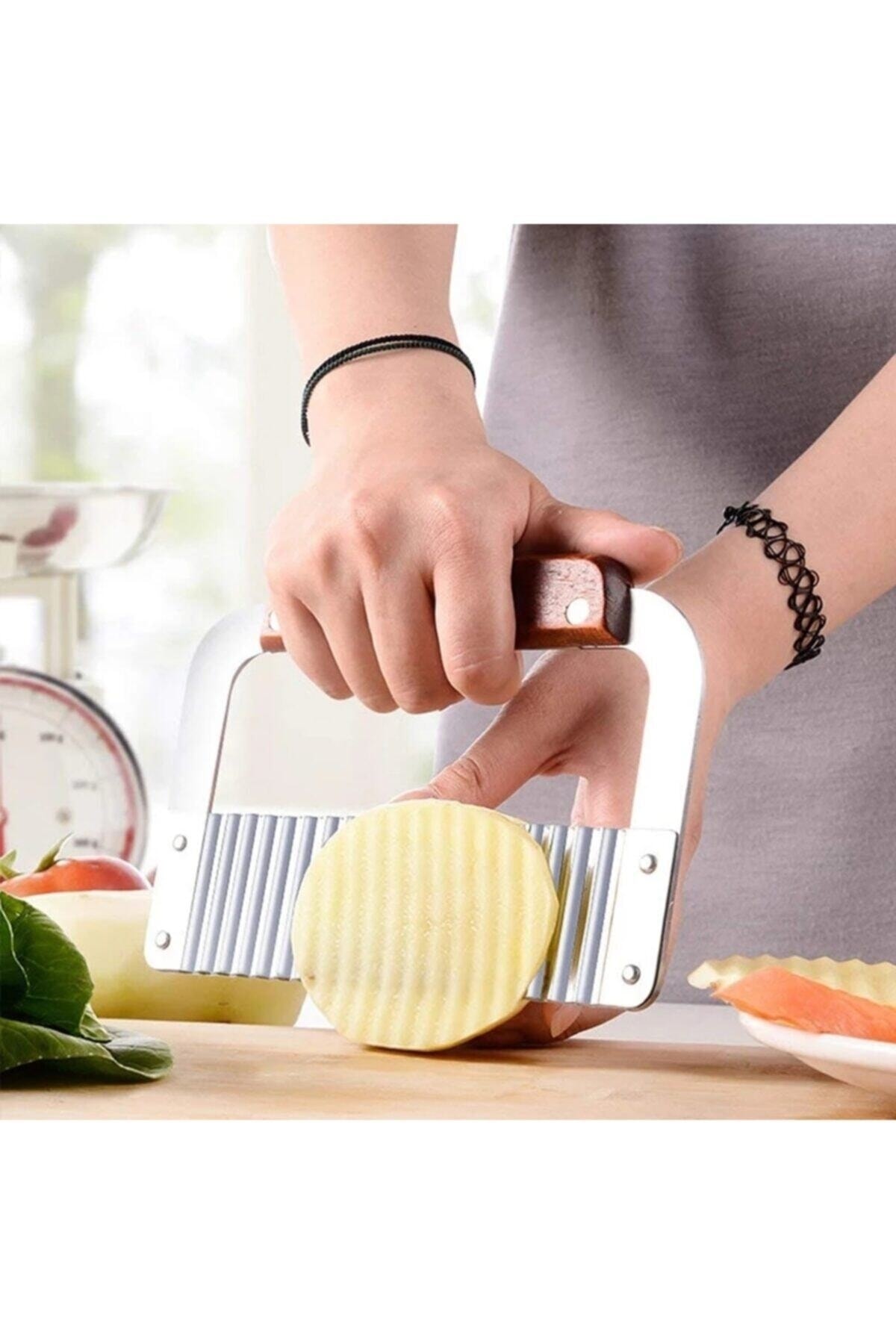 Genel Markalar Pratik Paslanmaz Çelik Ahşap Kollu Saplı Patates Meyve Sebze Doğrama Dilimleme Kesme Cips Bıçağı