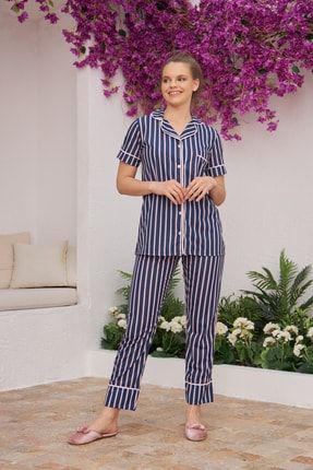 Lacivert Çizgili Pamuklu Pijama Takımı 10062LN