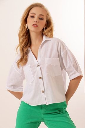Kadın Cep Detaylı Basic Kısa Kollu Gömlek P21s201-2159 P21S201-2159