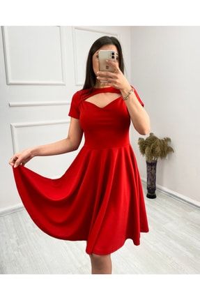 Kadın Kırmızı , Göğüs Pencereli Krep Kumaş Elbise ZM-30526-SM