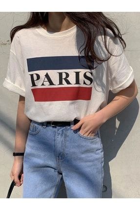 Kadın Beyaz Paris Baskılı Oversize Tshirt benisengiydirpariskadıntshirt