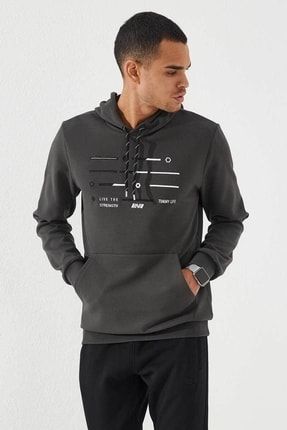 Erkek Haki Kapüşonlu Göğüs Nakışlı Sweatshirt 87885