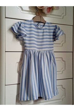 Mavi Beyaz Çizgili Viskon Kız Çocuk Elbise HC202246