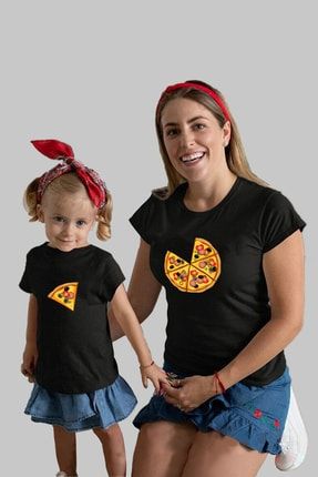Pizza Ve Dilimi Baskılı Anne Kız Siyah Kombin Tişört ( Fiyat Tek Adet Tişört Içindir) ANNE-KIZ-016