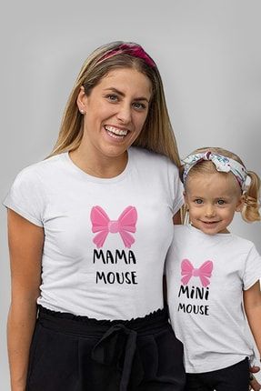 Mama Mini Mouse Baskılı Anne Kız Kombin Tişört Beyaz ANNE-KIZ-009