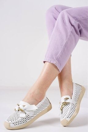 L & L Kadın Beyaz Tam Ortapedik Rahat Yumuşak Taban Zincirli Tokalı Günlük Klasik Babet Ayakkabı ANIL AYAKKABI KYG ZT 214