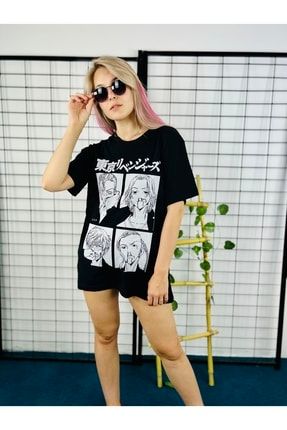 Siyah Renk Tokyo Revengers Büyük Baskılı Unisex Geniş Kesim Anime T-shirt tişört-tokyo-four