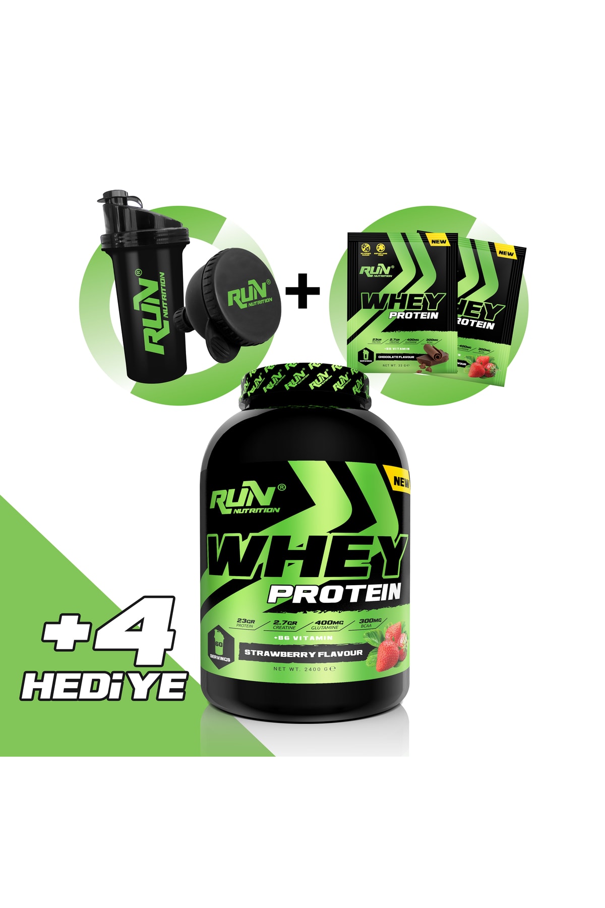 Run Nutrition Whey Protein 2400 Gr (çilek Aromalı) + Shaker + Huni + 2 Adet Tek Kullanımlık Whey Protein