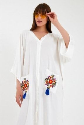 La-lin 2856 Cep Ve Sırt Nakışlı Düğmeli Viskon Kimono Elbise Beyaz C1-T0009-00030