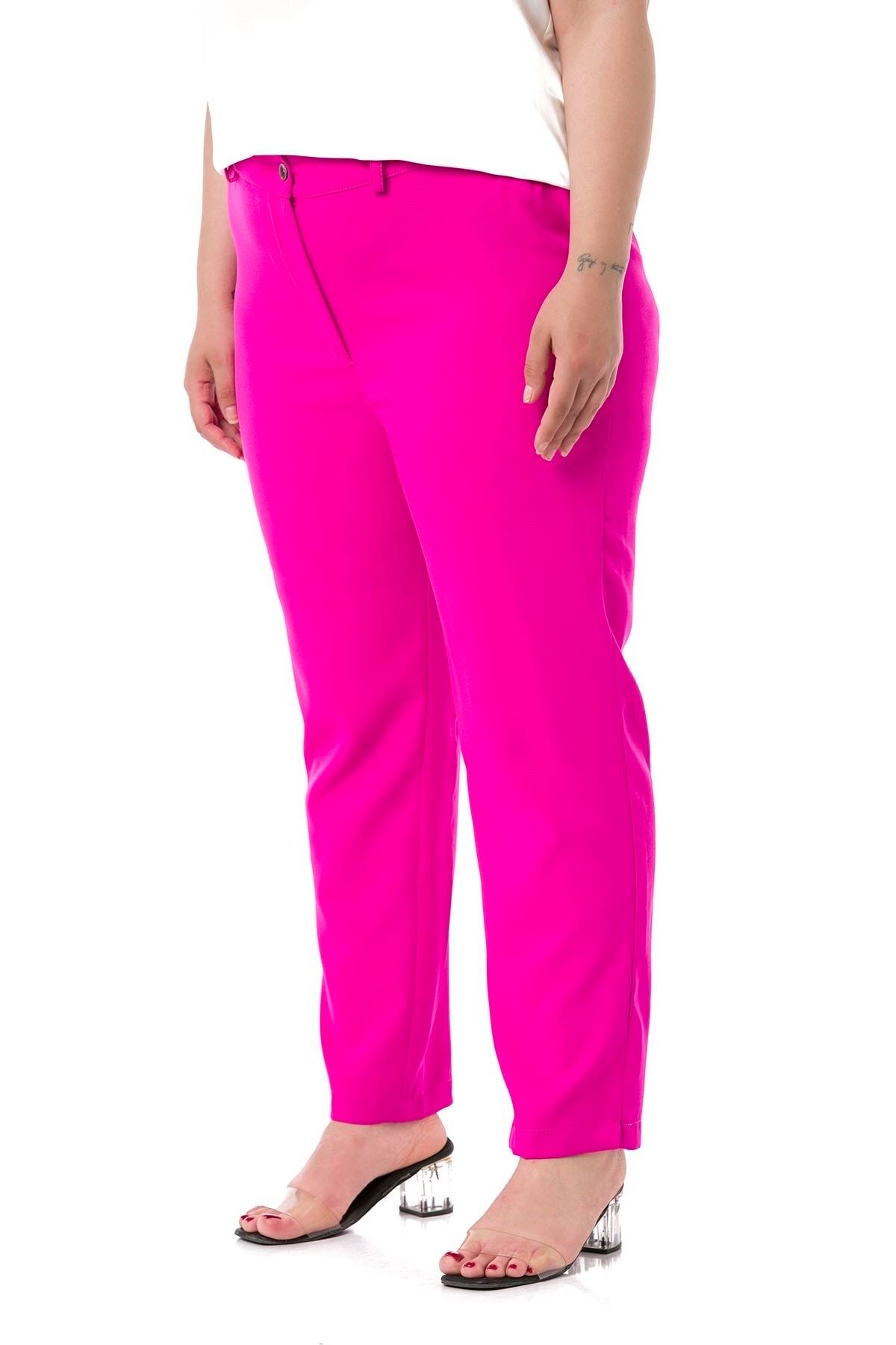 DISENTIS MODEST-Plus Size Fuchsia Trousers with Elastic Waist and Side Zipper and Slits on the Leg 5