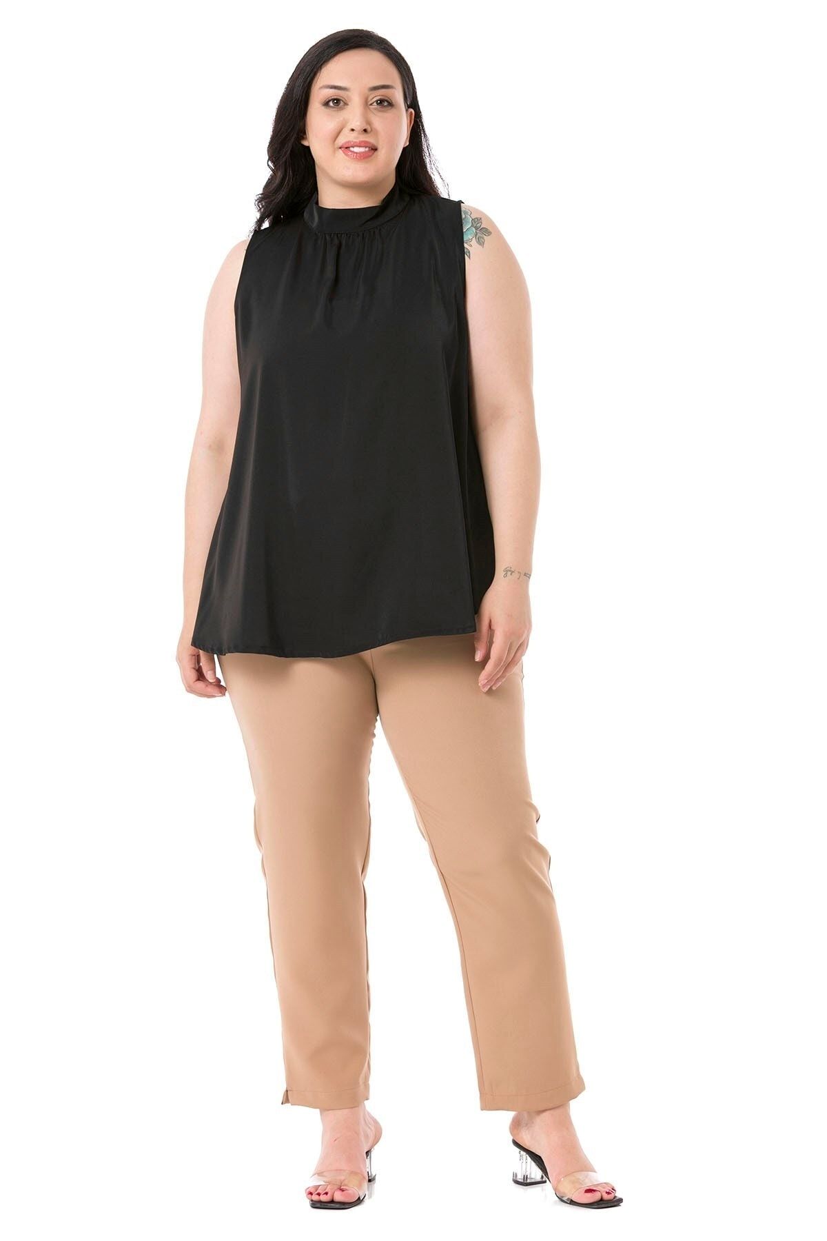 DISENTIS MODEST-Plus Size Elastic Waist Side Zippered Leg Slit Mink Trousers 2