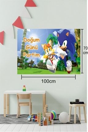 Çocuk Doğum Günü Partisi Afişi Isme Kişiye Özel Super Sonic Resimli Poster Tablo 70*100 Cm sonicposter70*100