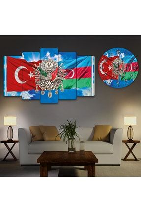 Mdf Tablo + Saat Kombini Türkiye Azerbaycan Tuğra Bayrak ZMDTS039