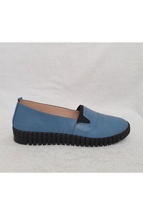 Hakiki Deri Mavi Kadın Ayakkabı Çarık Babet YTA1005