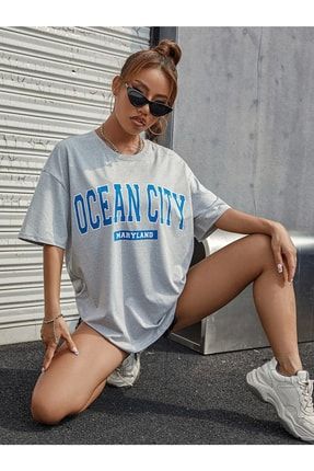 Kadın Ocean City Baskılı Oversize T-shirt ocean-1