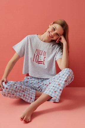 Açık Gri Melanj Piece Of Love Tişört Pijama Üstü PNHG1IOB22IY-AGJ