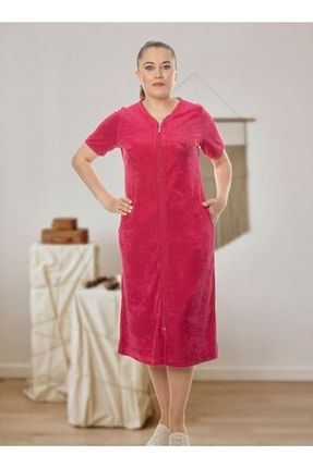 Fermuarlı Fuşya Renk Kısa Kollu Havlu Elbise 9738