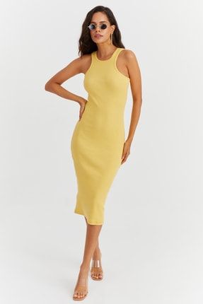 Kadın Sarı Kaşkorse Kolsuz Elbise Yİ2459