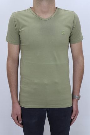 Fistan Store Erkek Yeşil Normal Kesim V-yaka Yazlık Basic T-shirt Fistan Erkek T-Shirt MACCALI-T-SHIRT 01