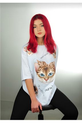Oversize Kedi Baskı T-shirt kedi baskı