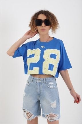 Saks Mavi Yirmisekiz Sayı Baskılı Yıkamalı Oversize Crop Tshirt 52.TSH.00022