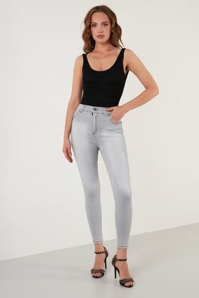 Yüksek Bel Skinny Dar Paça Pamuklu Jeans Kadın Kot Pantolon 58713259