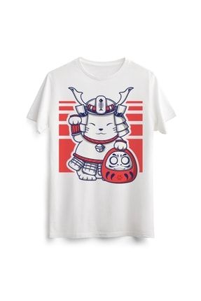 Unisex Erkek Kadın Japanese Neko Cat Kedi Baskılı Tasarım Beyaz Tişört Tshirt T-shirt 00410