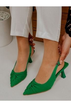 Nimes Kadın Koyu Yeşil Düğüm Detaylı Arka Açık Topuklu Stiletto Ayakkabı FSNİMES