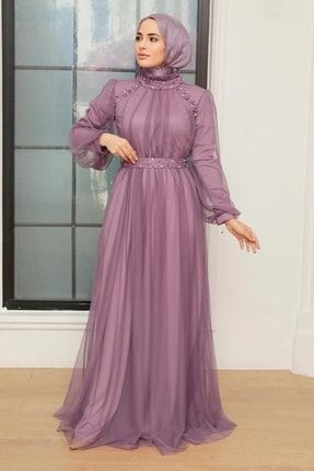 Tesettürlü Abiye Elbise - Inci Detaylı Gül Kurusu Tesettür Abiye Elbise 22041gk PPL-22041