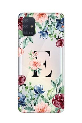 Samsung Galaxy A51 Çiçek Desenli E Harfli Şeffaf Silikon Telefon Kılıfı ES-SGA51-SFFMRCCK
