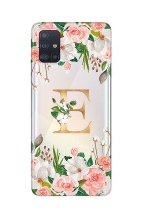 Samsung Galaxy A51 Çiçek Desenli E Harfli Şeffaf Silikon Telefon Kılıfı ES-SGA51-SFFCCK