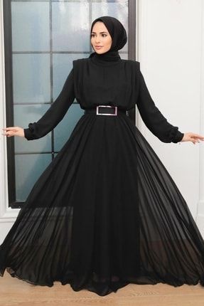 Tesettürlü Abiye Elbise - Tokalı Kemerli Siyah Tesettür Saten Abiye Elbise 36050s OZD-36050