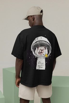 Astronot Lama Sırt Baskılı Bisiklet Yaka Siyah T-shirt AL51SRT149