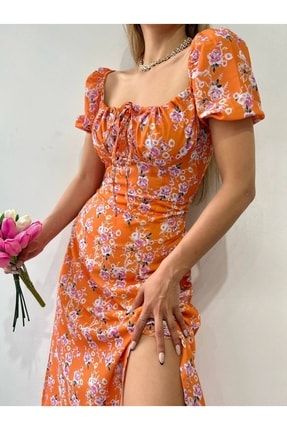 Kadın Çiçek Desenli Carmen Yaka Yırtmaçlı Ip Bağlamalı Elbise CRMYKELBS