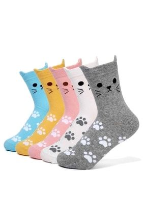 5'li Dikişsiz Kedi Desenli Kadın Pamuk Kedili Patik Çorap 01165