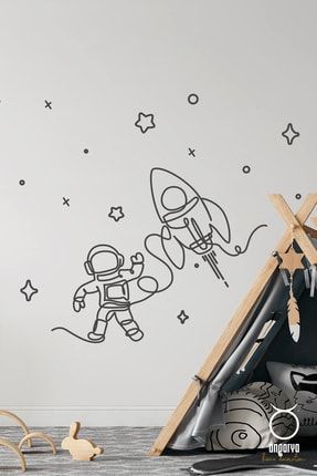 Modern Stil, Dekoratif Çizgisel Astranot, Uzay Aracı Ve Yıldızlar Çocuk Odası Şeffaf Duvar Sticker WS025