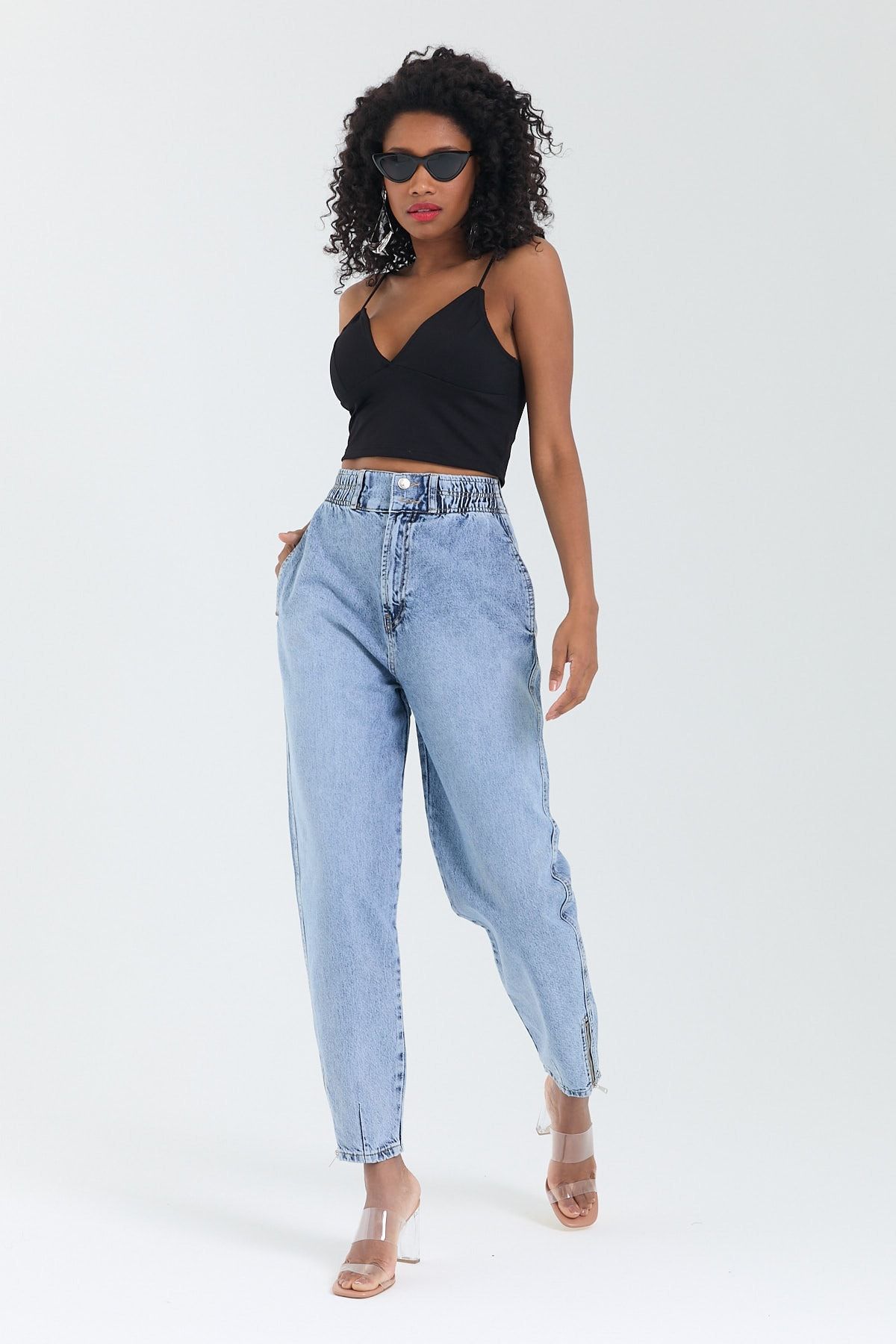 Kadın Paça Fermuar Detaylı Mom Kalıp Jeans 1114