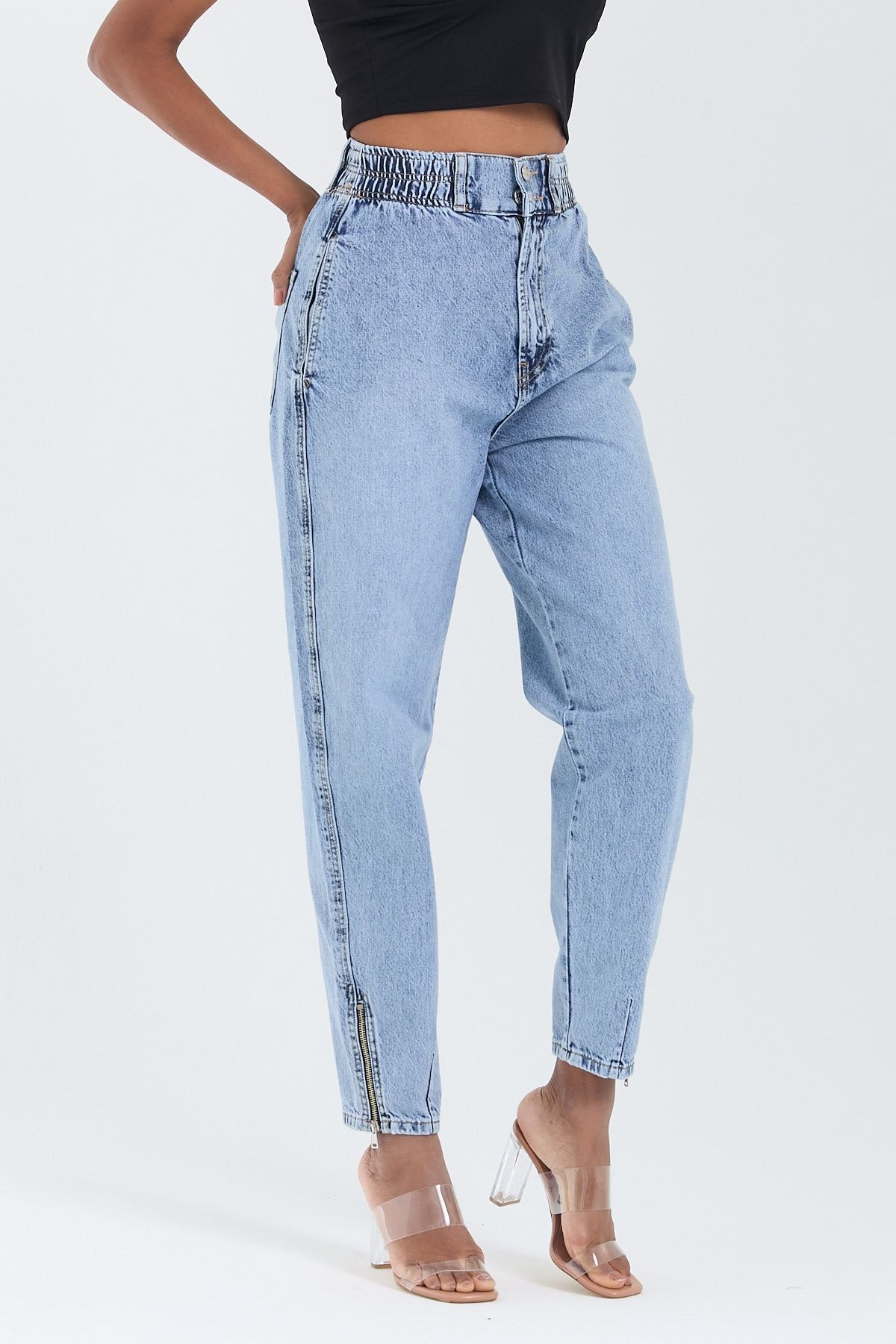 Kadın Paça Fermuar Detaylı Mom Kalıp Jeans 1114
