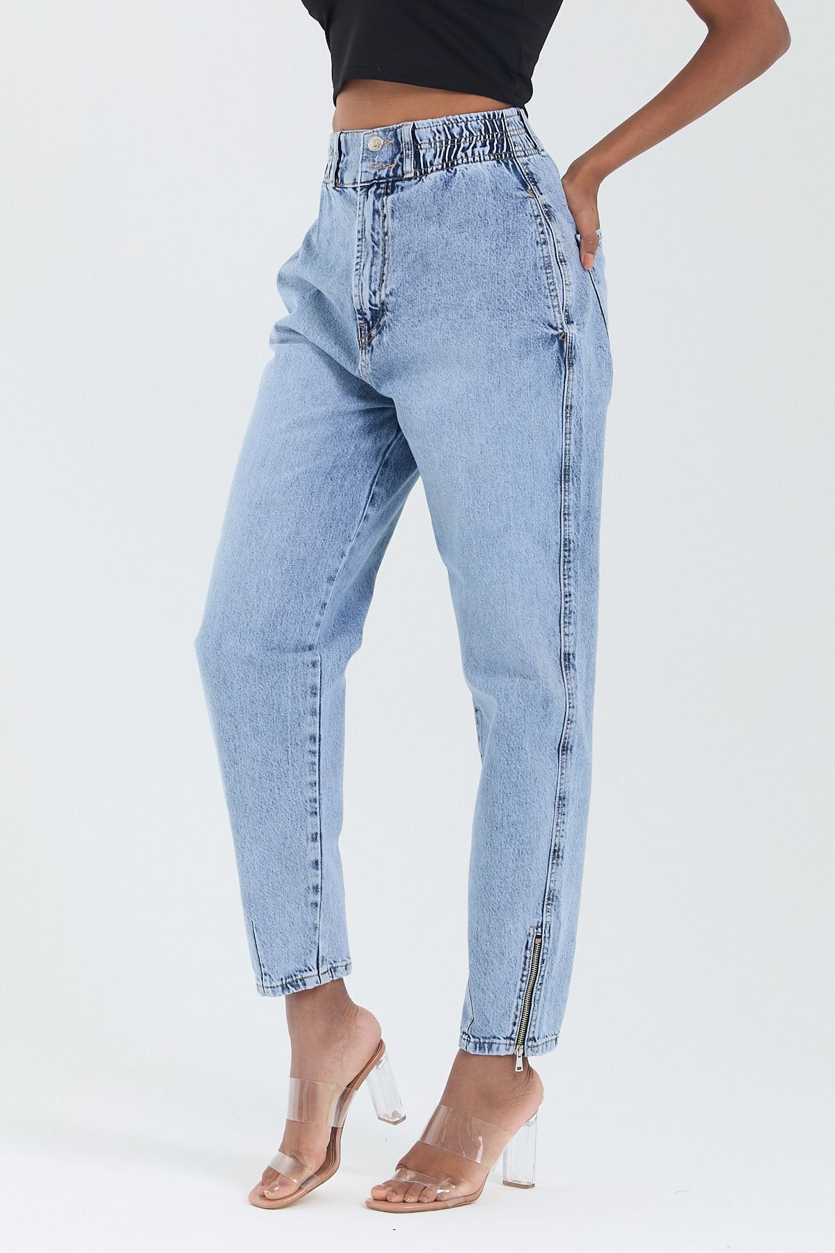 Kadın Paça Fermuar Detaylı Mom Kalıp Jeans 1114